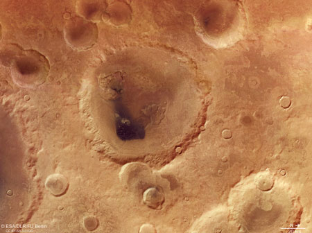 a clickable image link to the hi-res image of the Neukum Crater on Mars, leading directly to the ESA website page