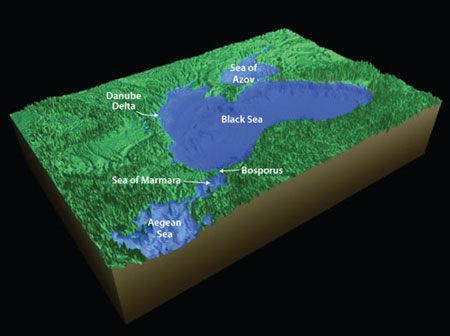 an image of the breach of the Bosporus sill connected the Black Sea to the Sea of Marmara and the world ocean, which is also a clickable link to the Woods Hole Oceanographic Institution story