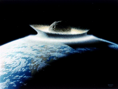 an image of a comet or asteroid impacting the Earth from an original painting by Don Davis, NASA