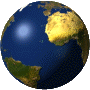 Image of a revolving globe showing current sea levels since the last ice age, before which many ancient civilisations flourished all over planet Earth on what are now sunken lands.