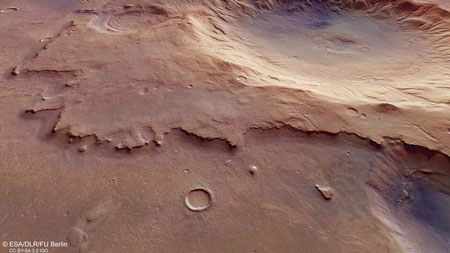 a clickable image link of the ancient impact crater in the Mare Serpentis area on Mars, leading directly to the ESA Space in Images website