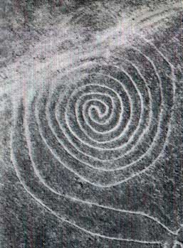 An image of one of the spiral geoglyphs on the pampa