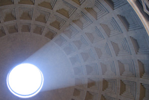 an image of the paths of light beaming through the empty space, or oculus, in the domed ceiling of The Roman Pantheon, which is also a clickable link directly to The Roman Forum story