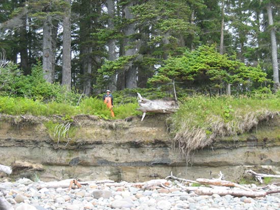 an image of University of Utah geologist Ron Bruhn standing atop a section of sediments on Alaska's 'Forgotten Coast' east of Cape Yakataga, which is also a clickable link direct to the BBC Science News story