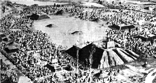 an image of nn artist's depiction of Cahokia Mounds at its peak, which is also a clickable link directly to the Examiner story