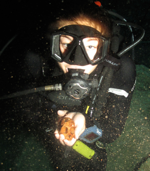 an image showing Jessica Keller holding the primate skull found underwater in the Padre Nuestro Cavern, which is also a clickable link direct to the IU Newsroom story
