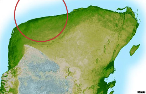 an image/link showing a diagram of the crater that is buried under Mexico's Yucatan Peninsula, and is also a link directly to the BBC News story