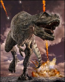 an image/link showing an artists impression of a dinosaur being bombarded by asteroid debris, which is also a link directly to the BBC News story