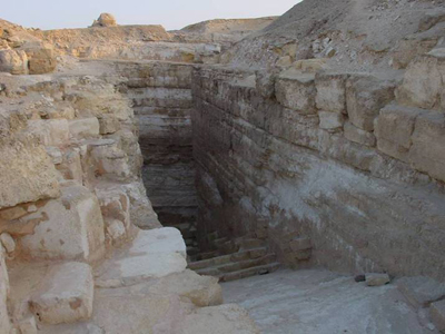 an image of the passageway which  descends beneath the pyramid of Djedefre and leads to the pharaoh's funerary chamber. The pyramid was quarried in Roman times and little of it is left standing today. It is also a clickable link directly to the Heritage Key story