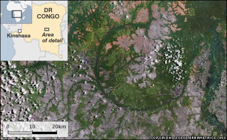 an image/link showing a circular structure in the DR Congo believed to be one of the largest terrestrial impact craters so far discovered, which is also a link directly to the BBC News story