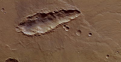 an image/link showing an elongated impact crater  on Mars, and which is also a link directly to the ESA News story