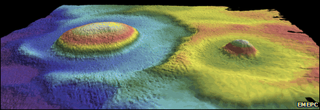 an image showing the Egg and its companion obtained by multibeam echosounder bathymetry. It is also a hyperlink direct to the BBC News story