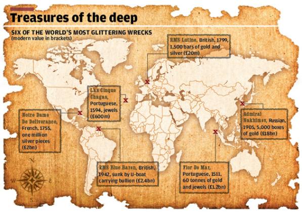 An image of a map showing the locations of six of the world's most glittering wrecks, which is also a clickable link direct to The Independent story