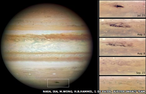 an image/link showing the scar on the surface of Jupiter made by the impactor that was taken by The Hubble Telescope, which is also a link directly to the BBC Science News story