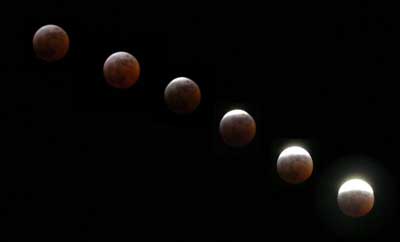 an sequence of images of the total lunar eclipse of March 3 2007 taken by Kevan Dickin
