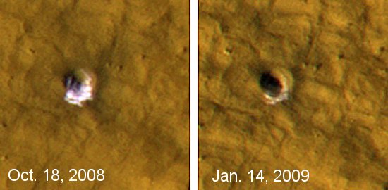 an image showing meteorite craters on Mars that have exposed water ice. It is also a hyperlink direct to the Science @ NASA story