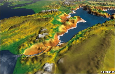 an image showing a reconstruction of the Mediterranean during the megaflood, which is also a clickable link direct to the BBC News story