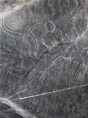 an aerial photograph of the monkey geoglyph on the Nazca Plain