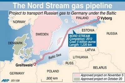 an image of a map of northern Europe showing the route of the planned Nord Stream gas pipeline where a dozen previously unknown shipwrecks, some of them believed to be up to 1,000 years old, were discovered in the Baltic Sea during a probe of the sea bed to prepare for the installation of a large gas pipeline. It is also a clickable link direct to the Yahoo News AFP story