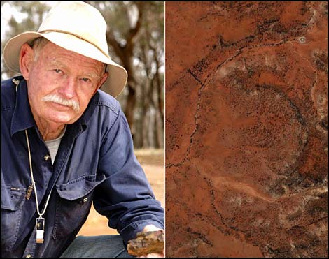 an image of the retired geologist, Mike Fry, who was searching on Google Earth for a place to mine opals may have discovered a meteorite crater in outback New South Wales, Australia, which is also a clickable link directly to The Age story