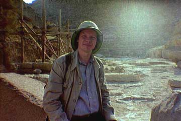 a photograph of Dr Robert M. Schoch at the Great Sphinx on the Giza plareau, Egypt