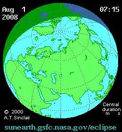 An animated image-link of the total solar eclipse due on August 01 2008 released by NASA/GSFC showing the moon's shadow across the earth