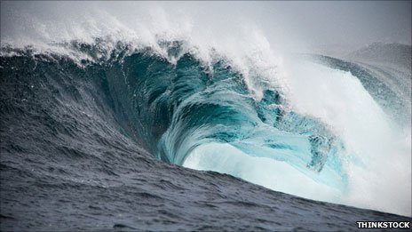 an image showing a tsunami similar to the one caused by the ancient Storegga Slides taken by Thinkstock, which is also a clickable link directly to the BBC News Magazine story