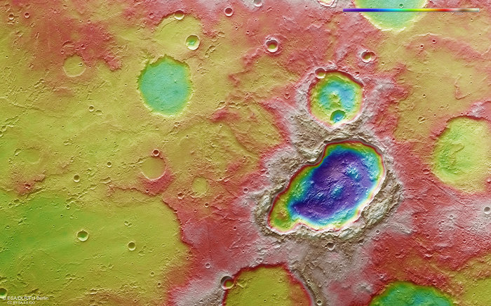 a clickable image link of the triple impact crater and ejecta found on Mars, leading directly to the ESA website page