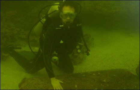 an image of one of the University of Ulster divers who were granted rare access to the ruins of the great lighthouse of Pharos, which is also a clickable link direct to BBC News story